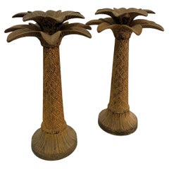 Used Majestic Pair Of Tall Patinated Rustic Metal Palm Tree Candle Stick Holders