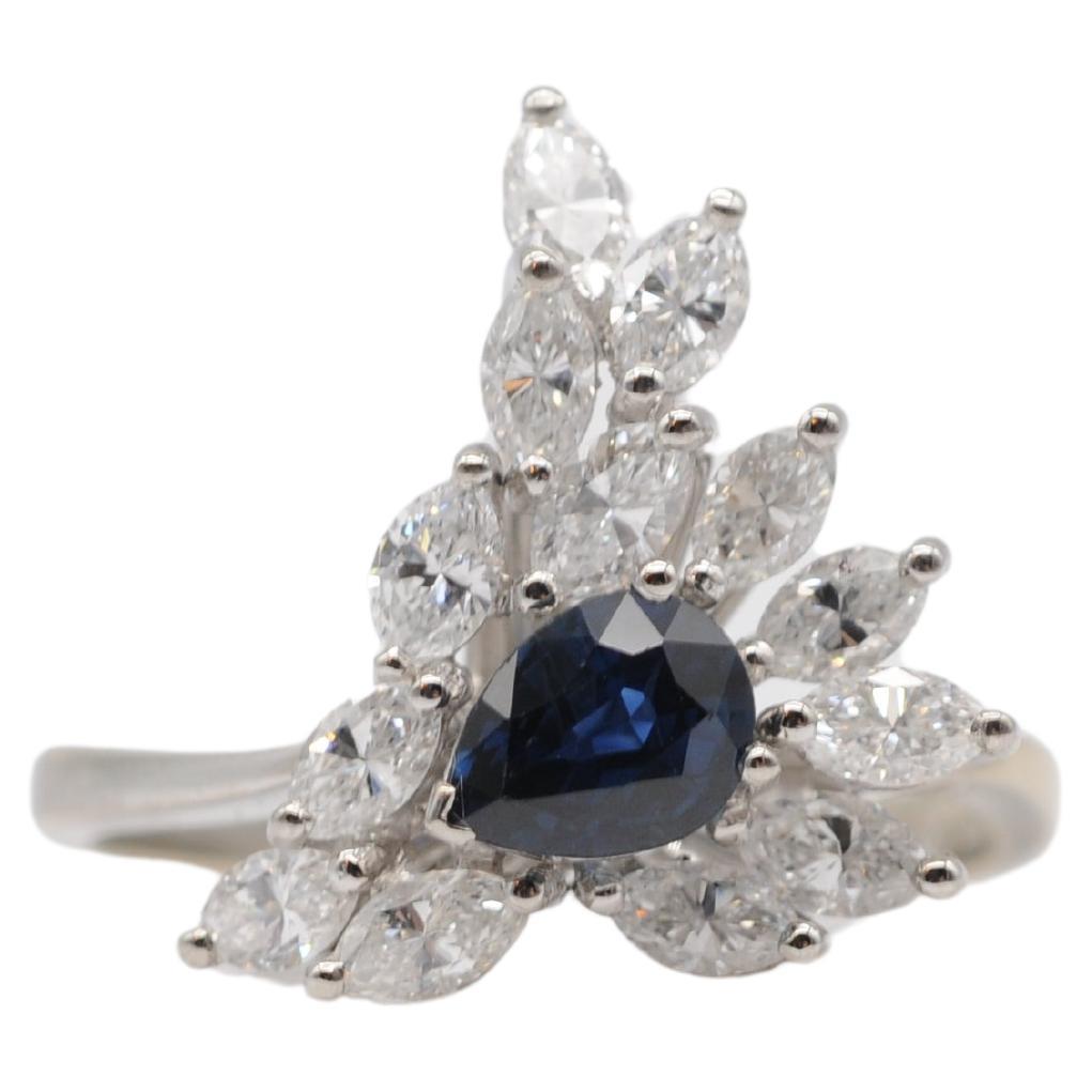 Majestic pear-cut sapphire with navette diamond-cut ring in 18k white gold. For Sale 9