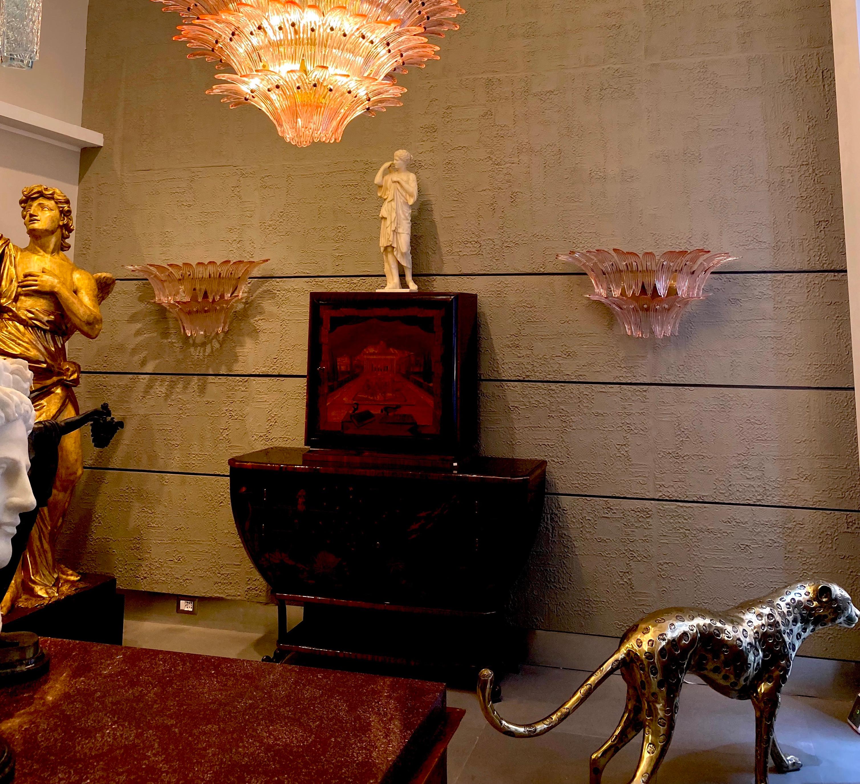 Mid-Century Modern Majestic Pink Murano Palmette Chandelier and  3 Sconces For Sale