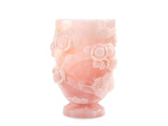 Majestic Pink Onyx Sculpture Vase Subjects Roses Leaves Floral Handmade in Italy