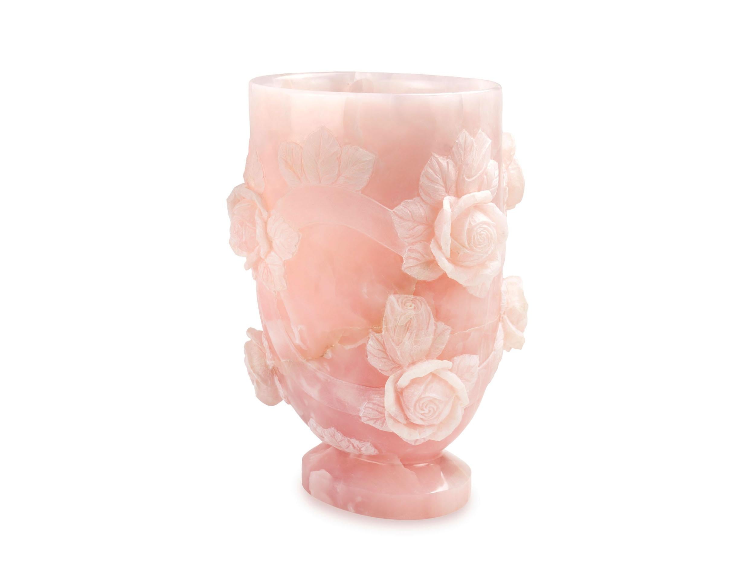 Italian Majestic Pink Onyx Sculpture Vase Subjects Roses Leaves Floral Handmade in Italy For Sale