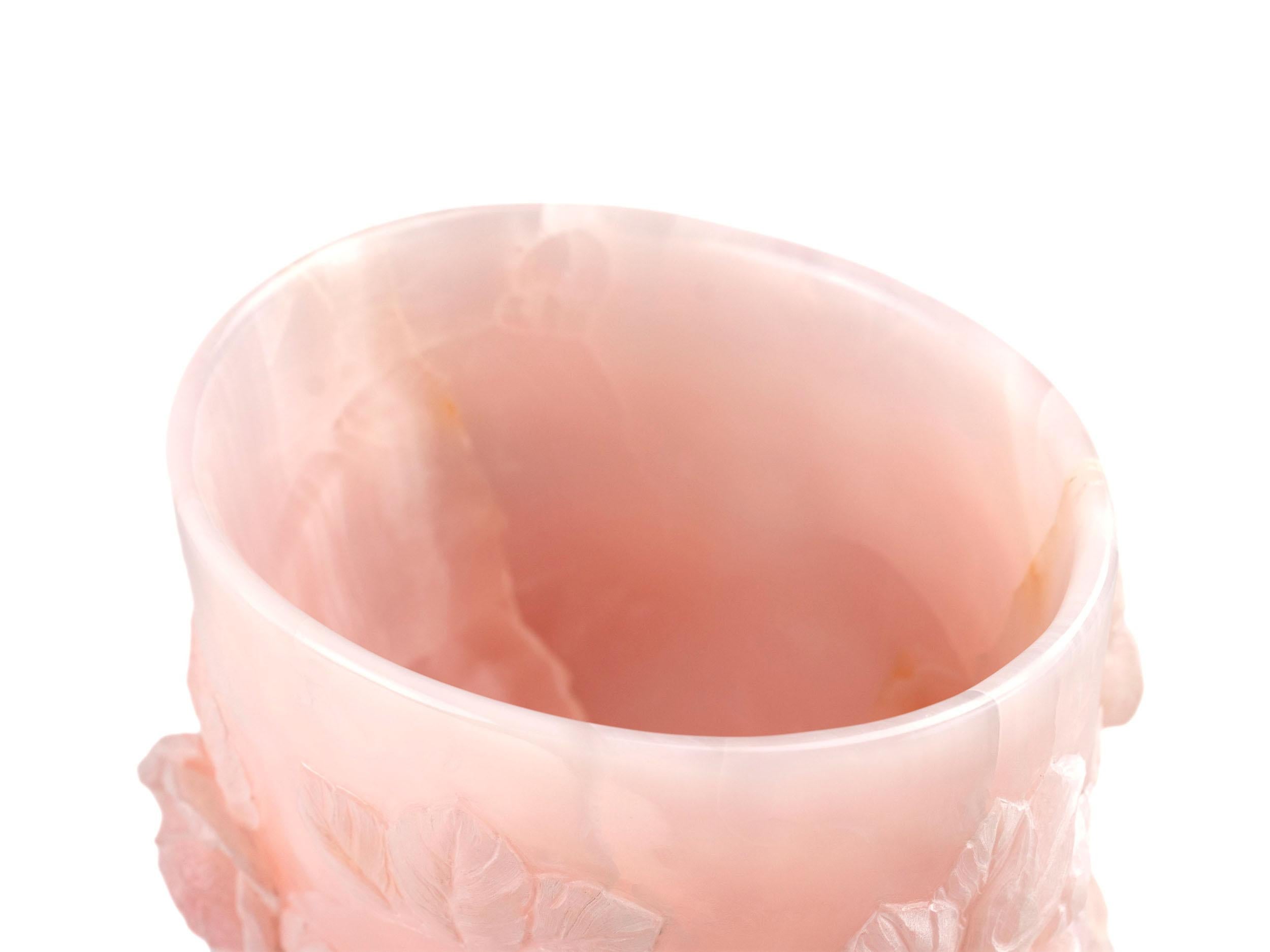 Hand-Carved Majestic Pink Onyx Sculpture Vase Subjects Roses Leaves Floral Handmade in Italy For Sale