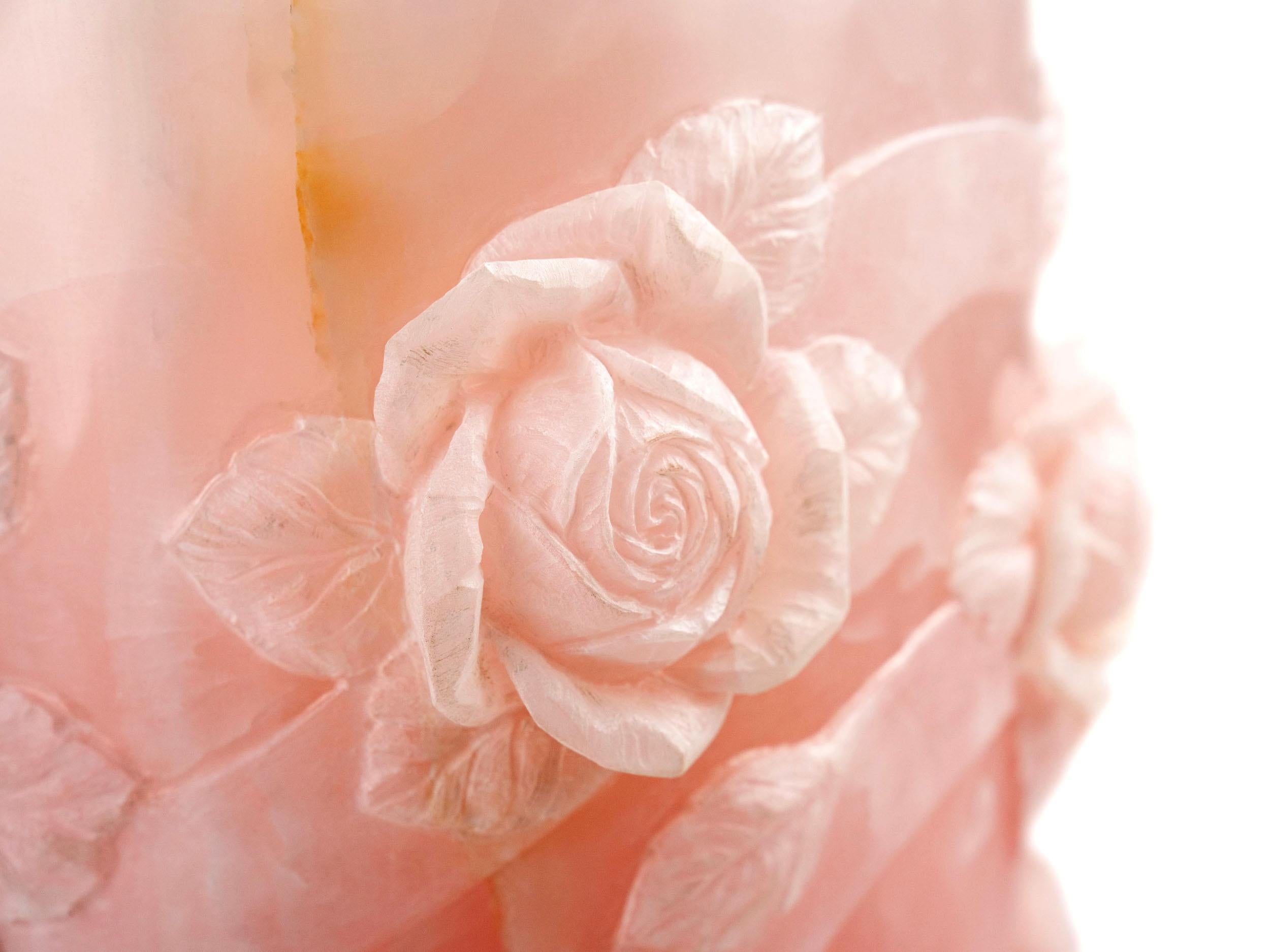 Contemporary Majestic Pink Onyx Sculpture Vase Subjects Roses Leaves Floral Handmade in Italy For Sale