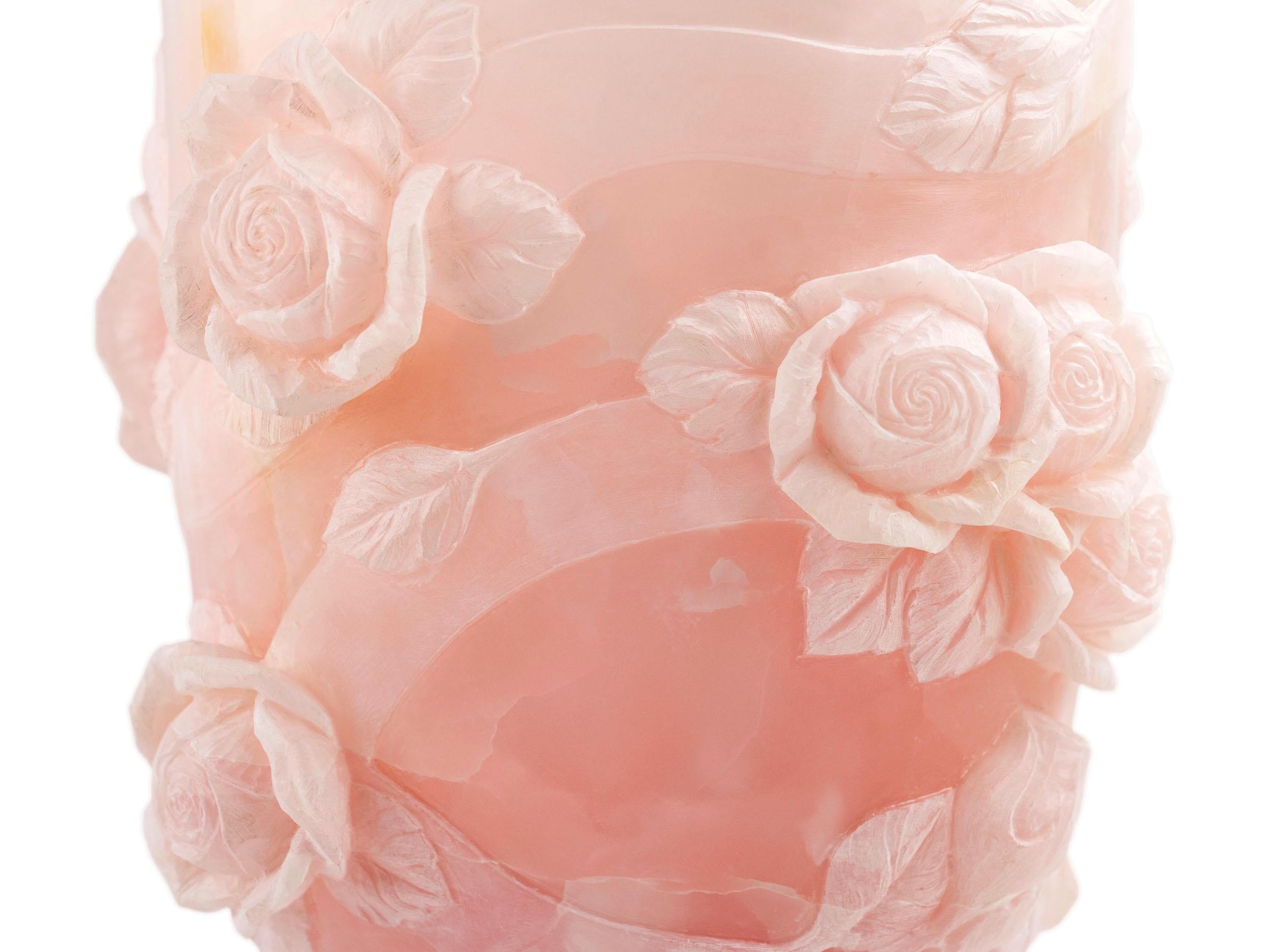 Majestic Pink Onyx Sculpture Vase Subjects Roses Leaves Floral Handmade in Italy For Sale 1
