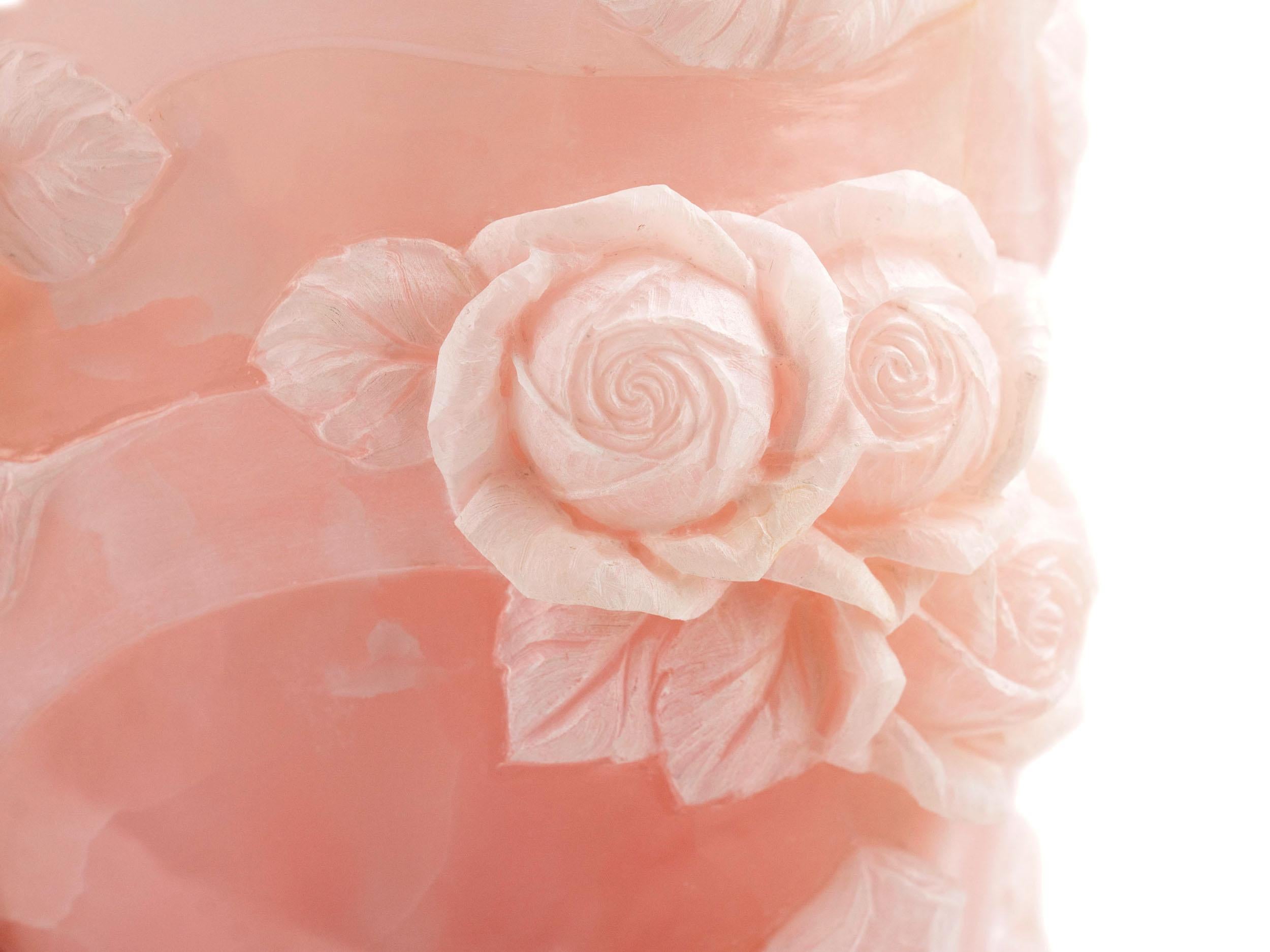 Majestic Pink Onyx Sculpture Vase Subjects Roses Leaves Floral Handmade in Italy For Sale 2