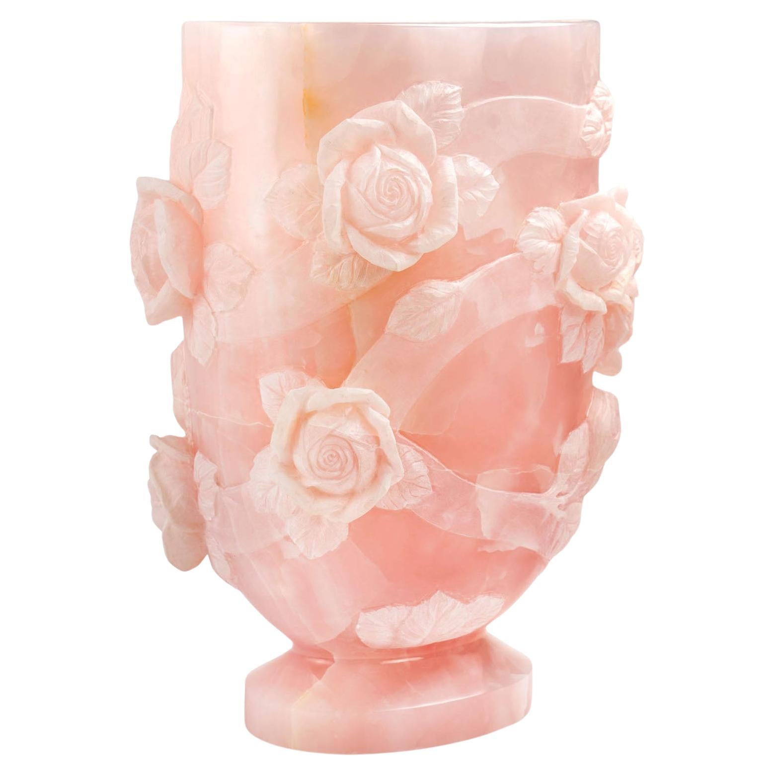 Majestic Pink Onyx Sculpture Vase Subjects Roses Leaves Floral Handmade in Italy