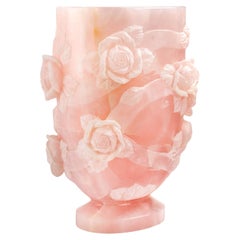 Majestic Pink Onyx Sculpture Vase Subjects Roses Leaves Floral Handmade in Italy