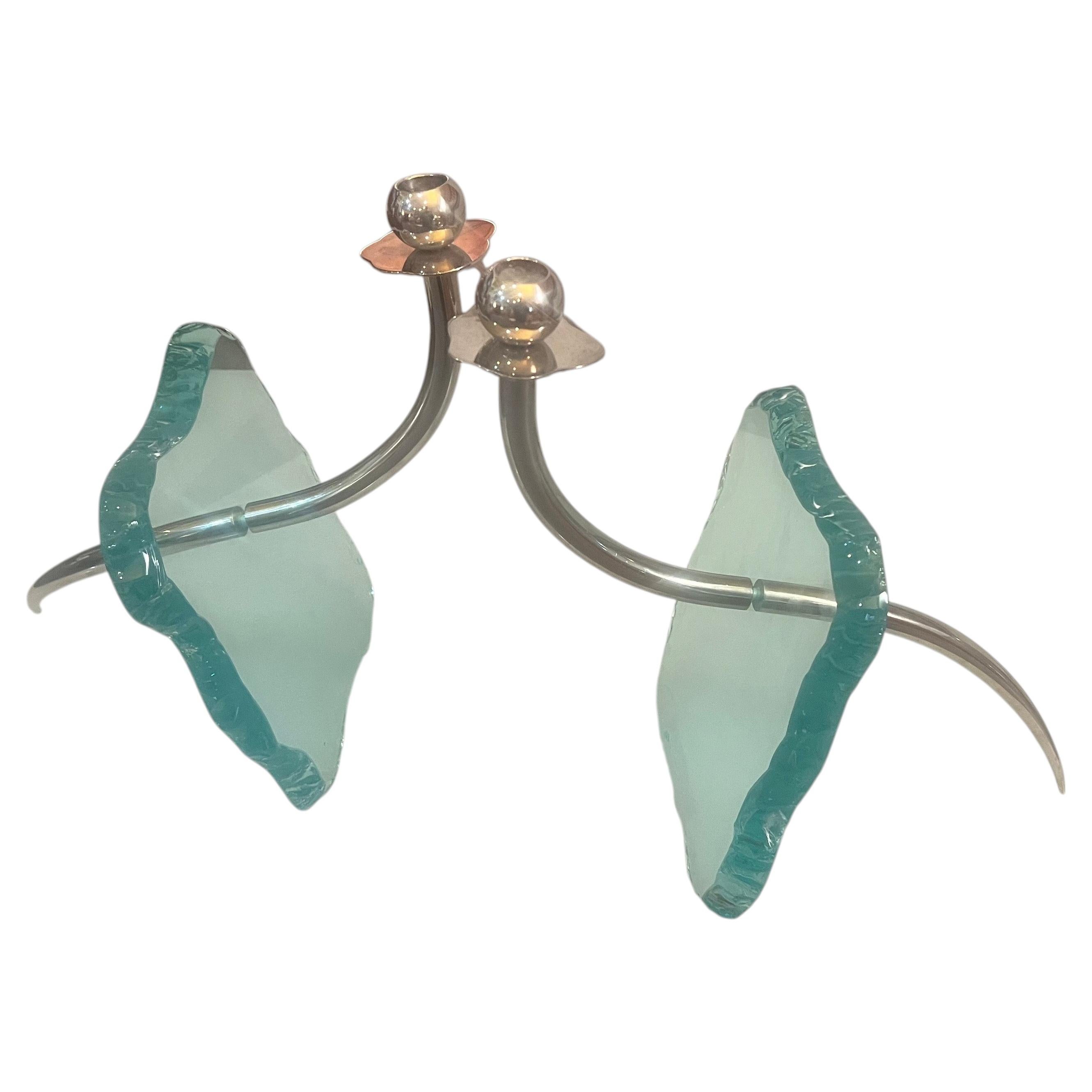 Majestic Postmodern Brutalist Glass & Stainless Steel Pair of Candle Holders For Sale
