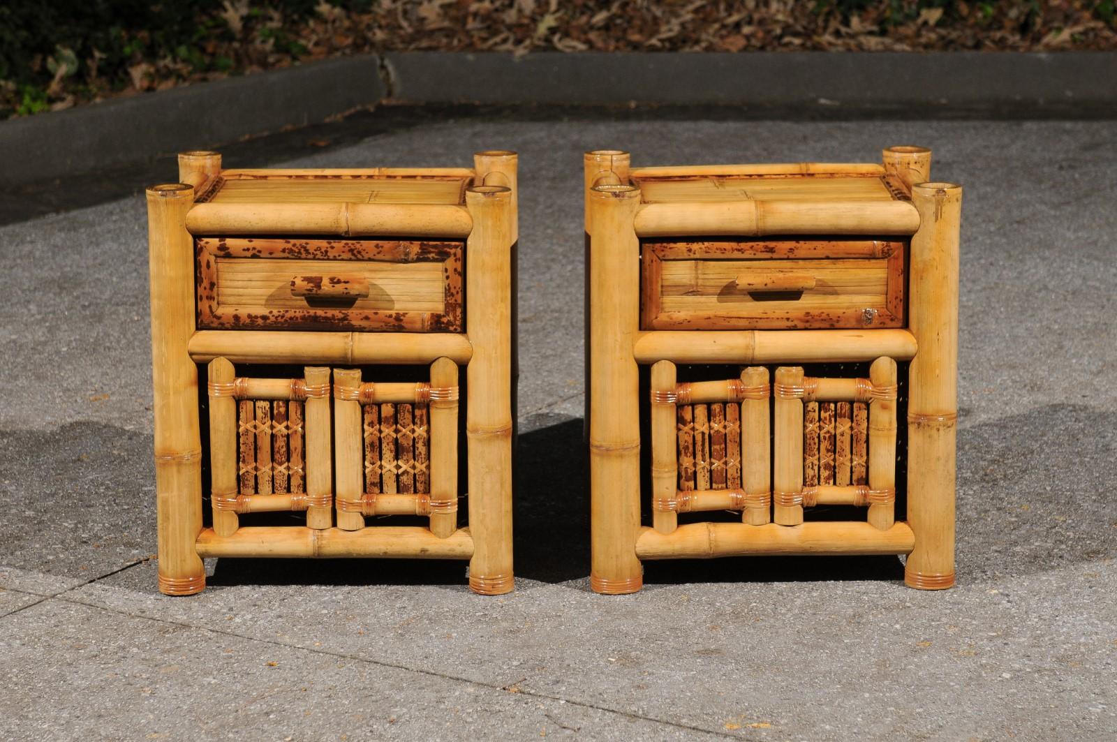 Organic Modern Majestic Restored Pair of Bamboo Pagoda Small Chests by Budji Layug, circa 1980 For Sale