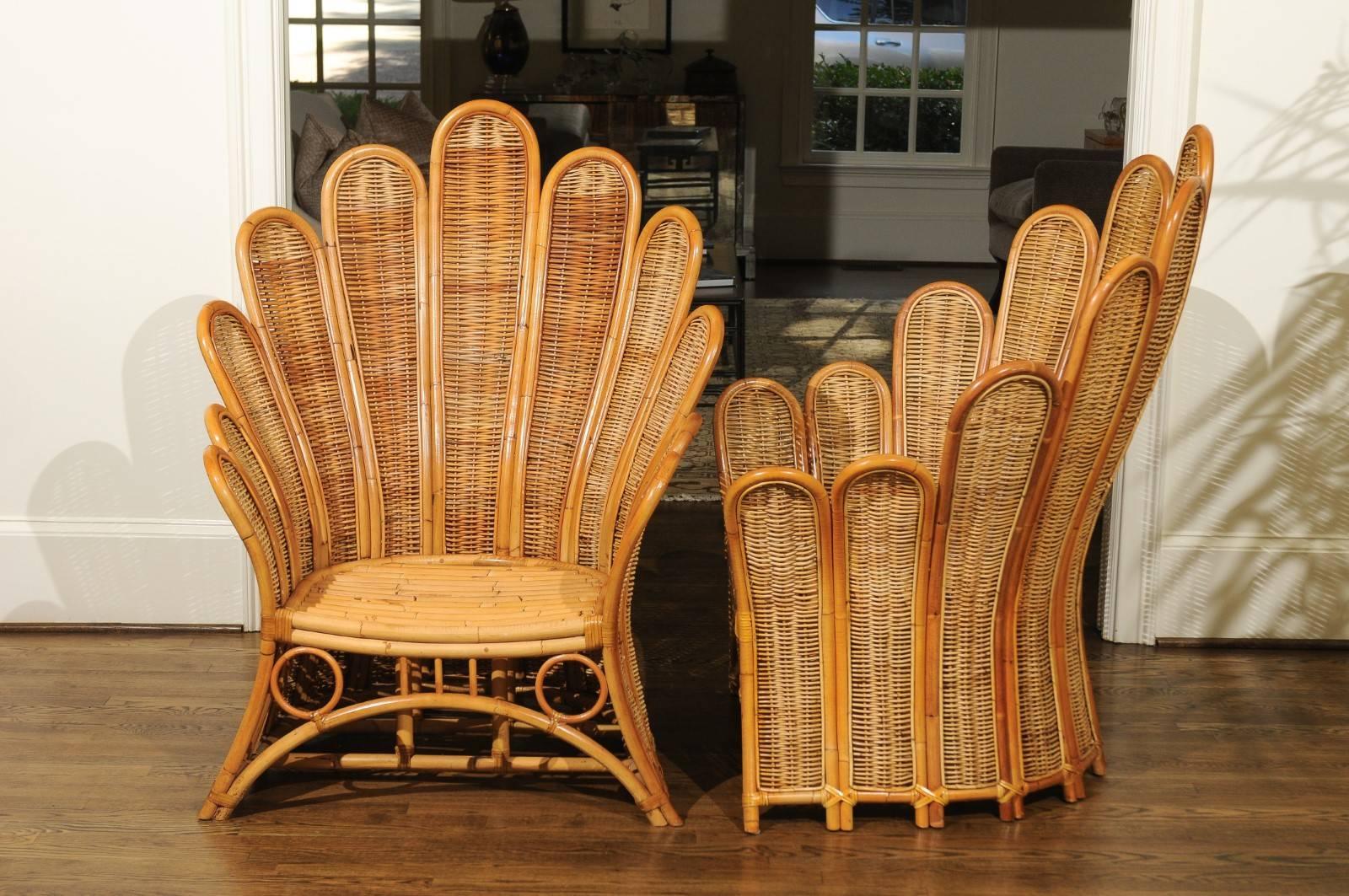 Majestic Restored Pair of Vintage Rattan and Wicker Palm Frond Club Chairs 1