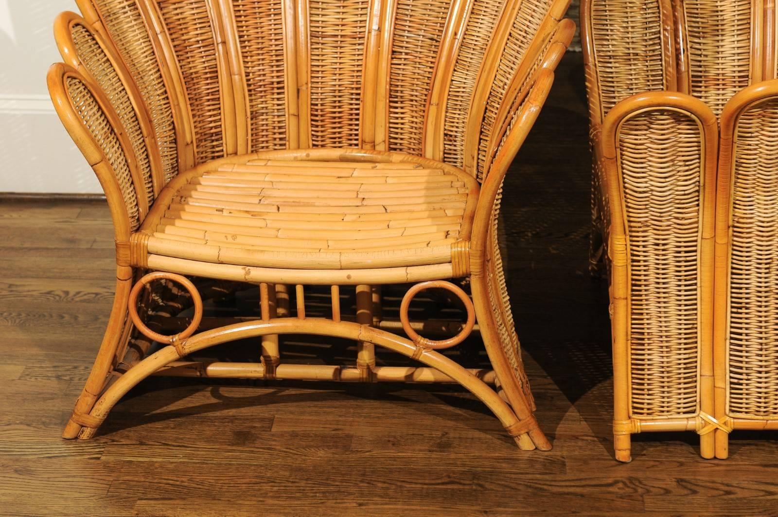 Majestic Restored Pair of Vintage Rattan and Wicker Palm Frond Club Chairs 5