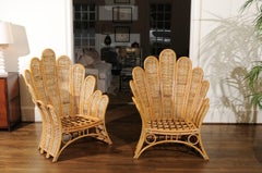 Majestic Restored Pair of Vintage Rattan and Wicker Palm Frond Club Chairs