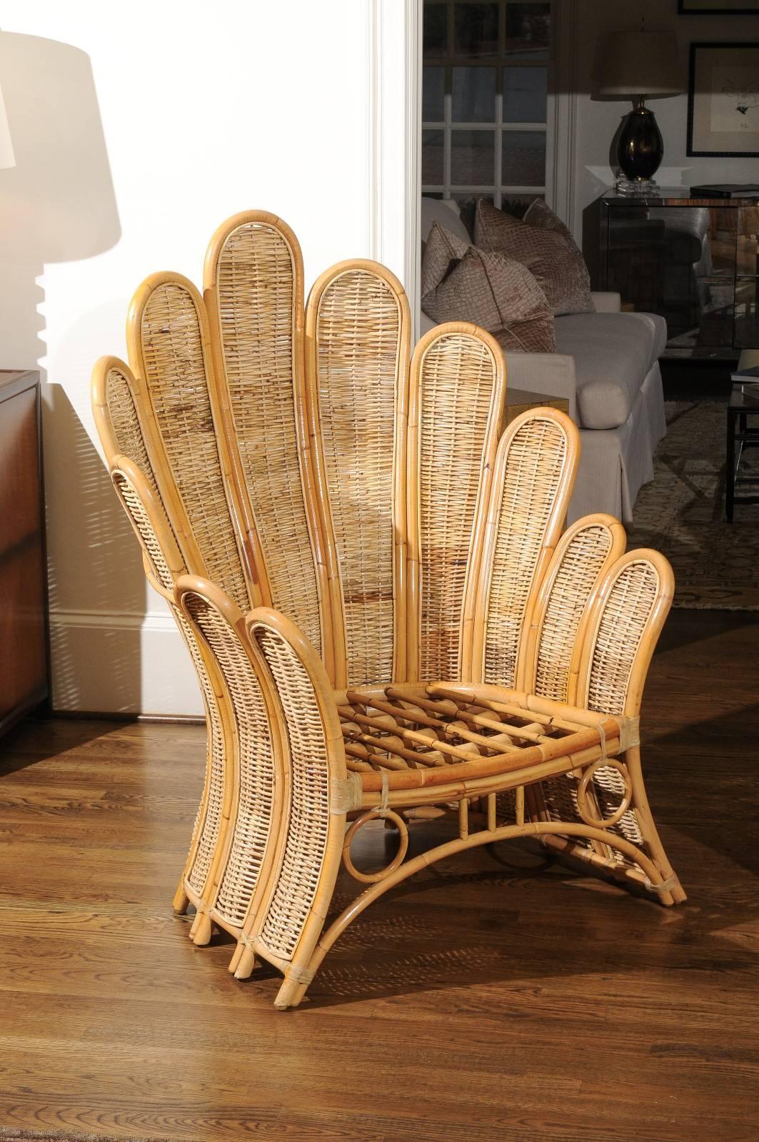 Mid-Century Modern Majestic Restored Pair of Vintage Rattan and Wicker Palm Frond Club Chairs