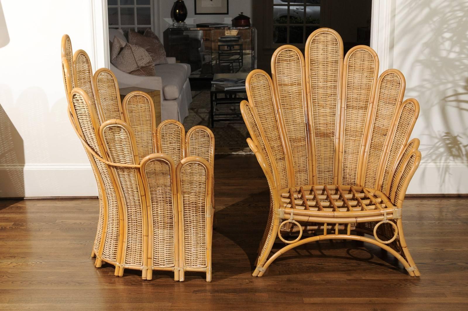 Unknown Majestic Restored Pair of Vintage Rattan and Wicker Palm Frond Club Chairs