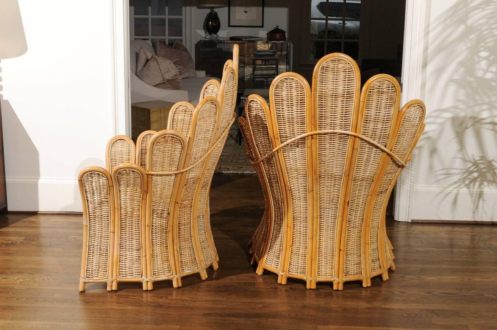 Late 20th Century Majestic Restored Pair of Vintage Rattan and Wicker Palm Frond Club Chairs