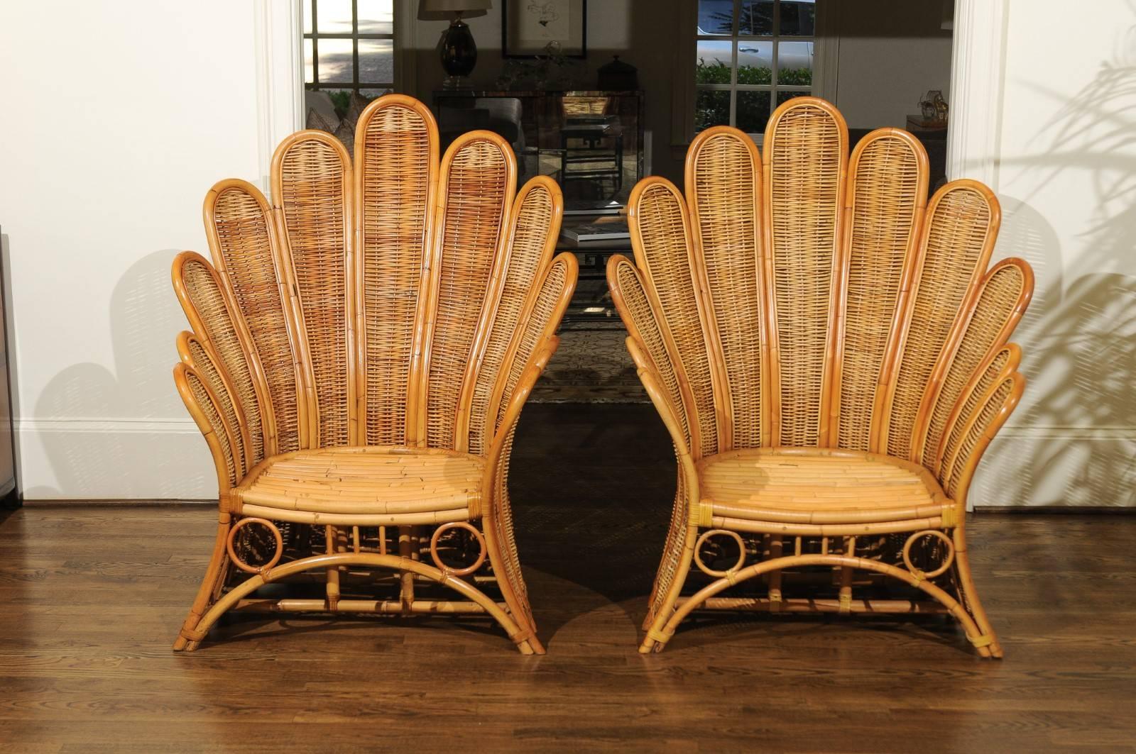Mid-Century Modern Majestic Restored Pair of Vintage Rattan and Wicker Palm Frond Club Chairs