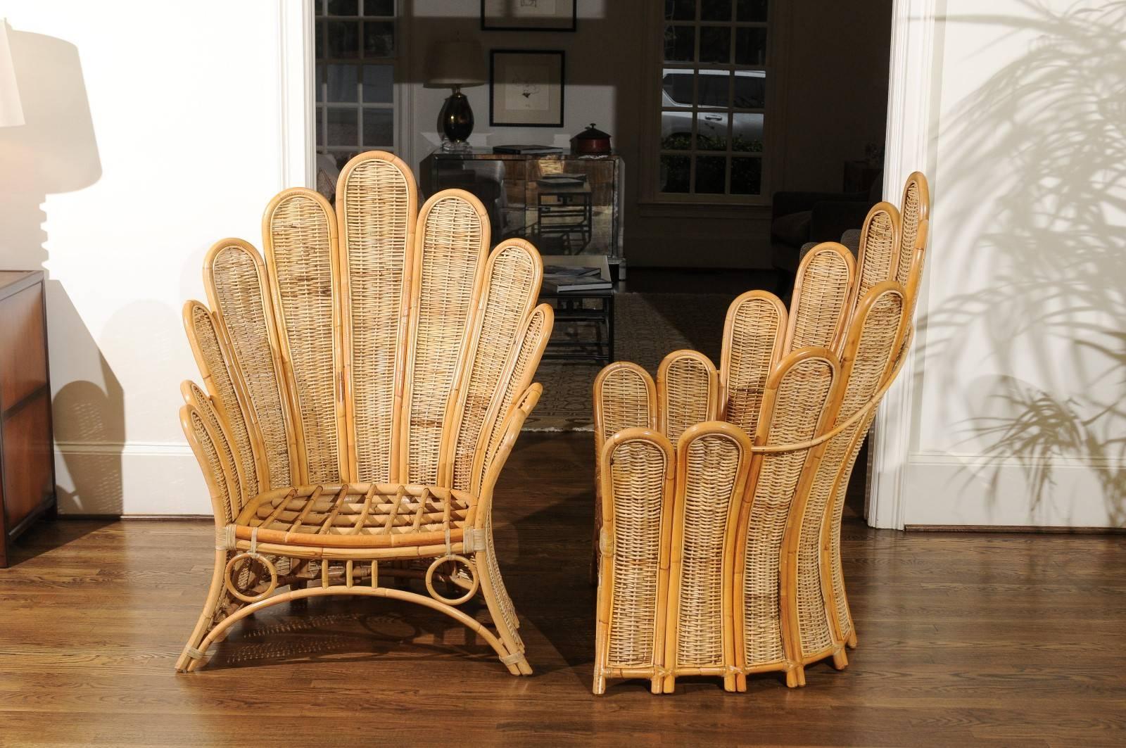 Leather Majestic Restored Pair of Vintage Rattan and Wicker Palm Frond Club Chairs