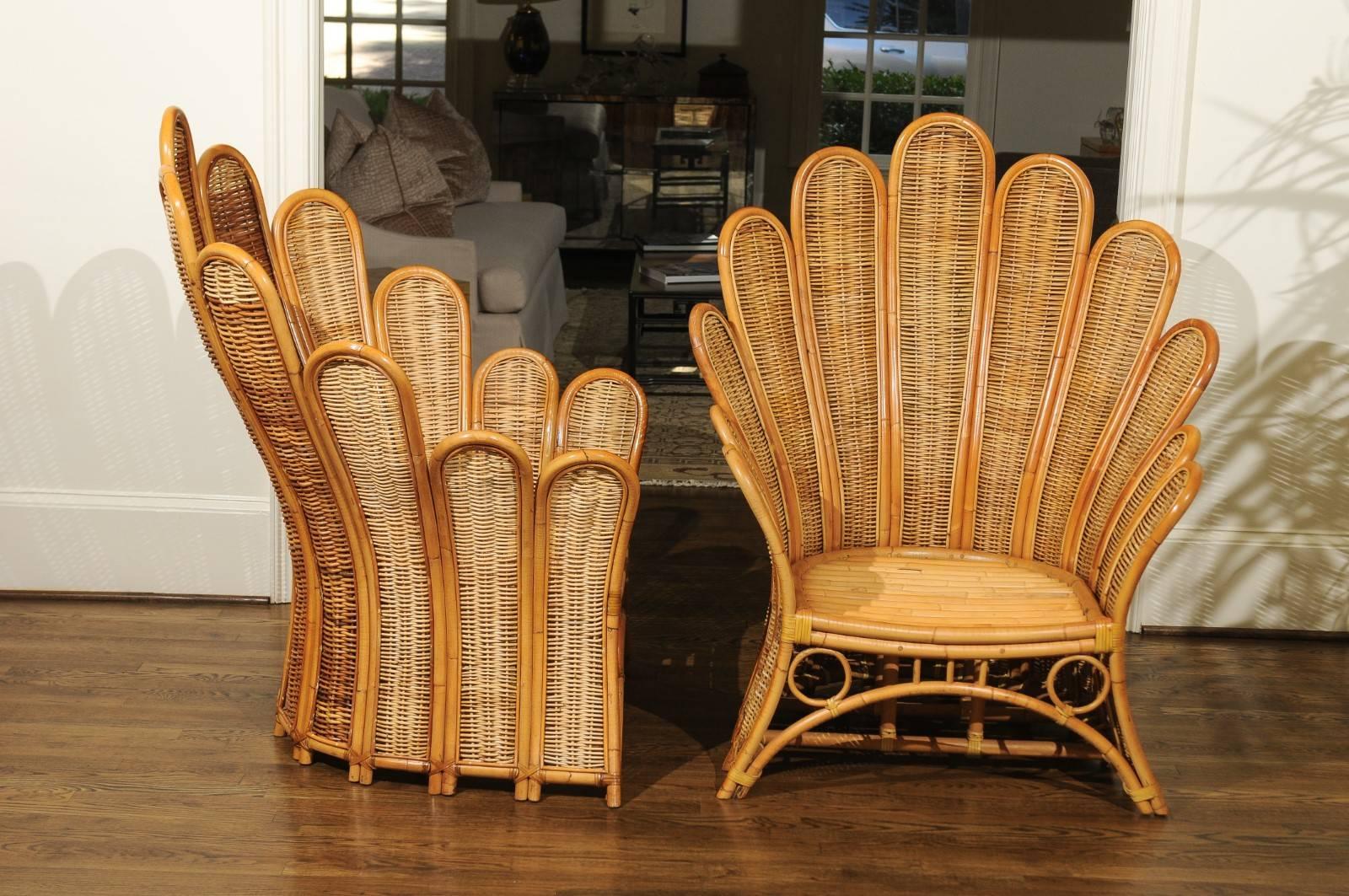 Unknown Majestic Restored Pair of Vintage Rattan and Wicker Palm Frond Club Chairs