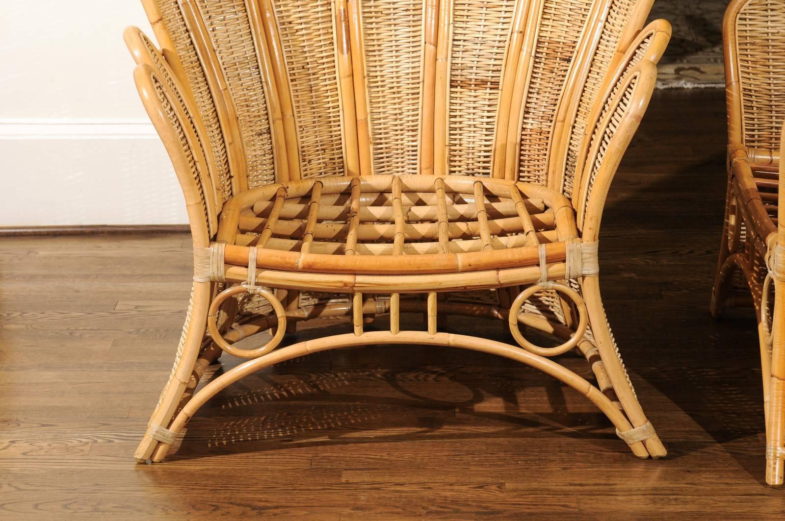 Majestic Restored Pair of Vintage Rattan and Wicker Palm Frond Club Chairs 1