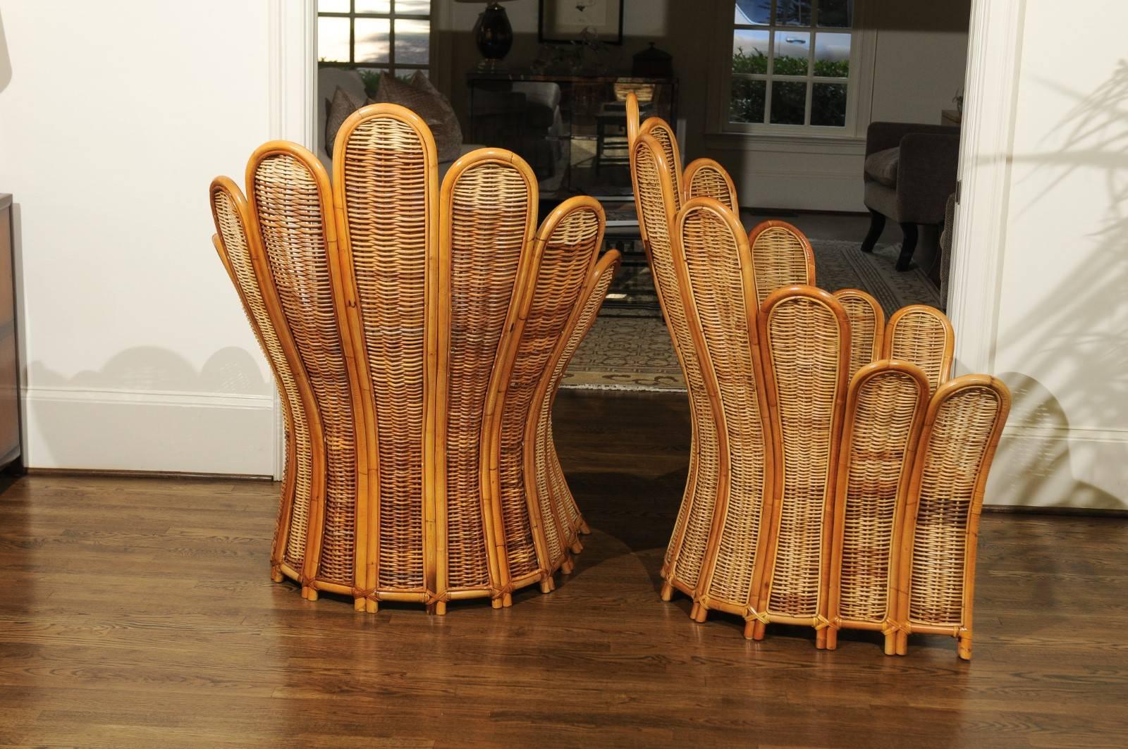 Majestic Restored Pair of Vintage Rattan and Wicker Palm Frond Club Chairs In Excellent Condition In Atlanta, GA