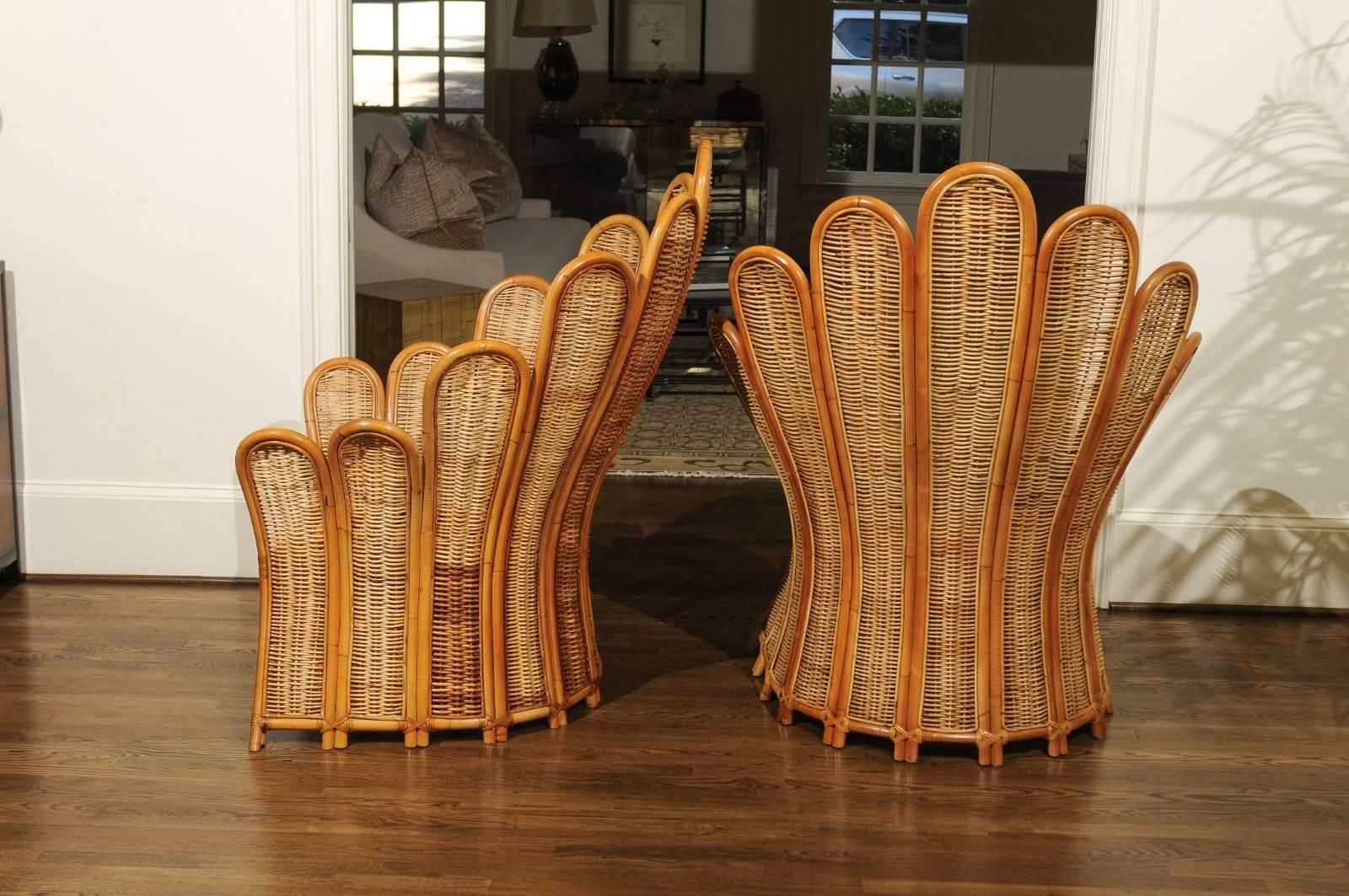Late 20th Century Majestic Restored Pair of Vintage Rattan and Wicker Palm Frond Club Chairs