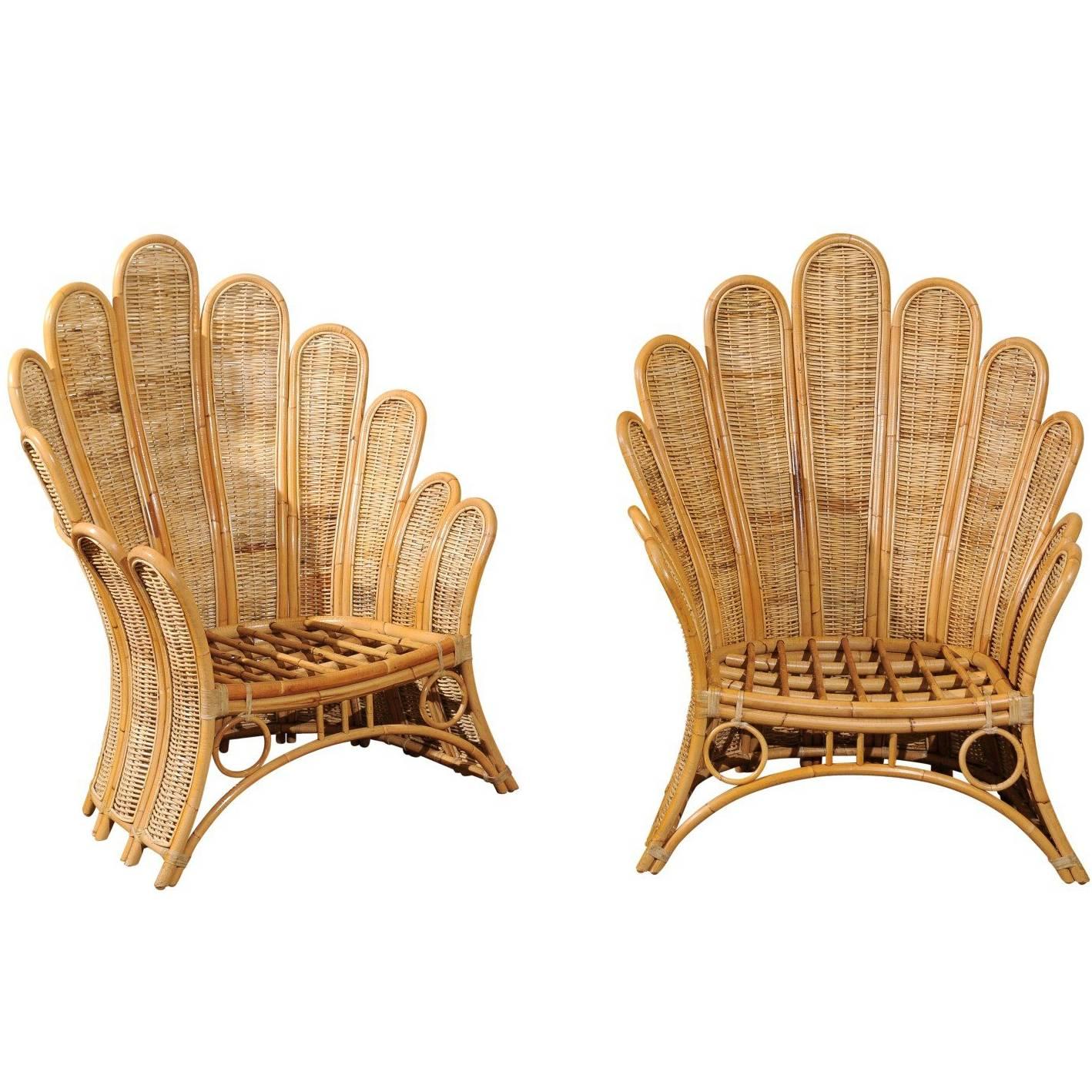 Majestic Restored Pair of Vintage Rattan and Wicker Palm Frond Club Chairs