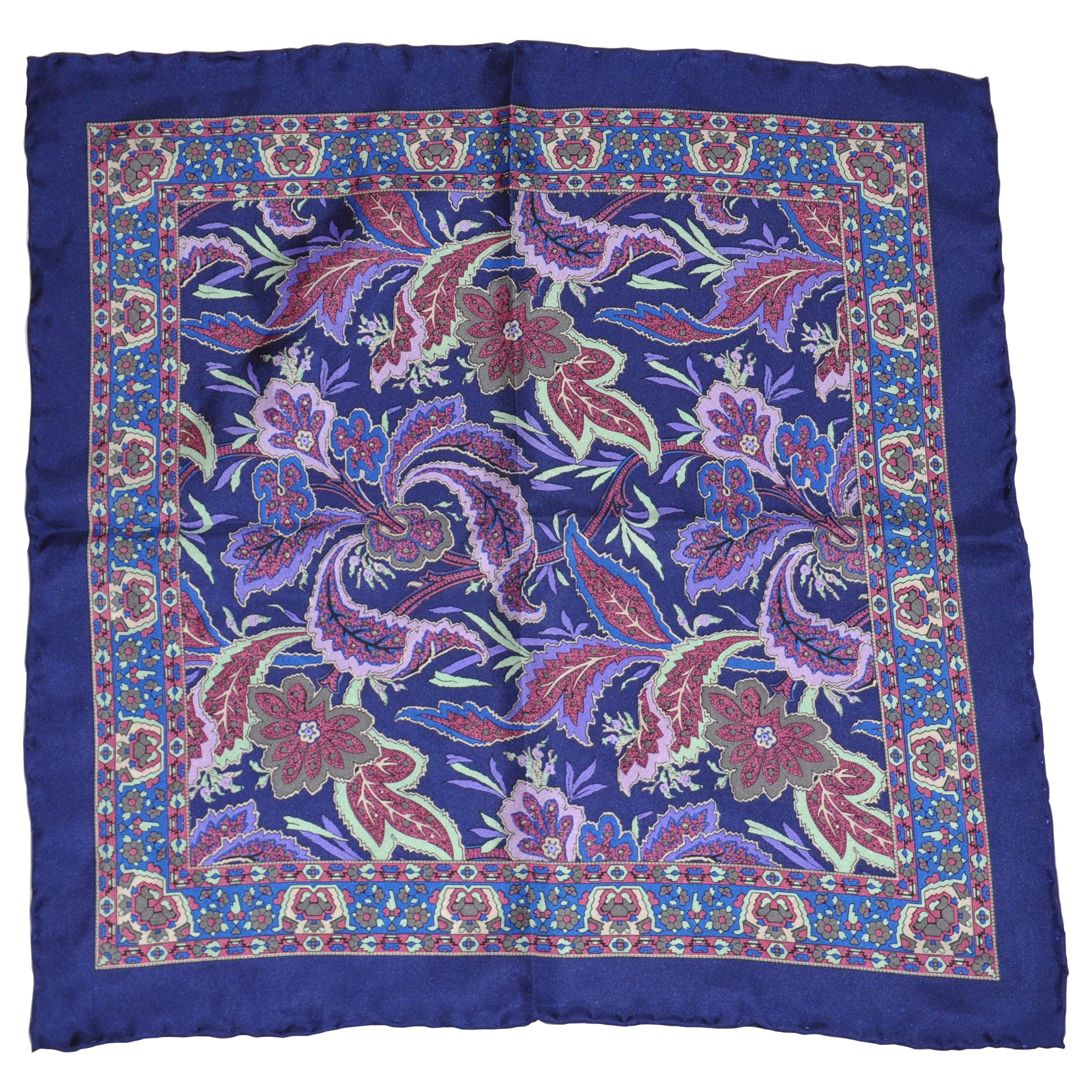 Majestic Royal Blue Floral Silk Handkerchief (Mouchoir en soie à fleurs)