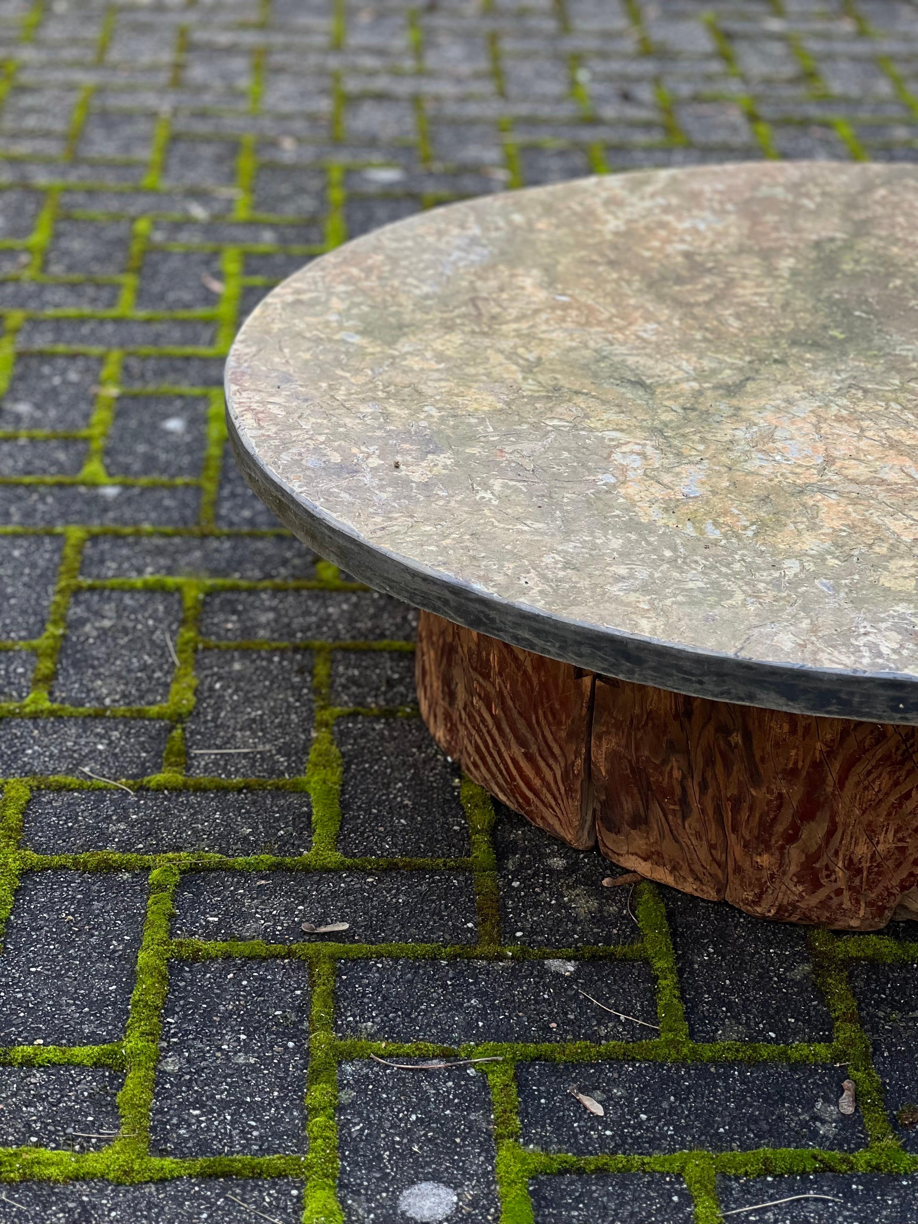 Brutalist Majestic Schist Fossil Stone Coffee Table, antique Japanese wooden base. Unique.
