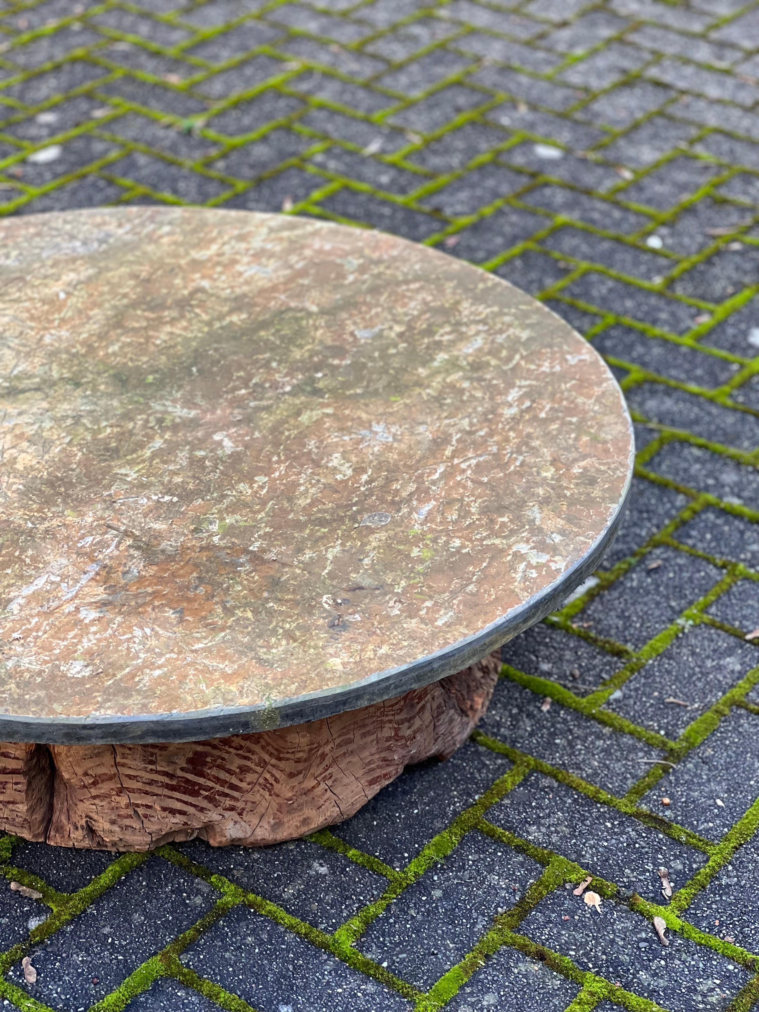 Hand-Crafted Majestic Schist Fossil Stone Coffee Table, antique Japanese wooden base. Unique.