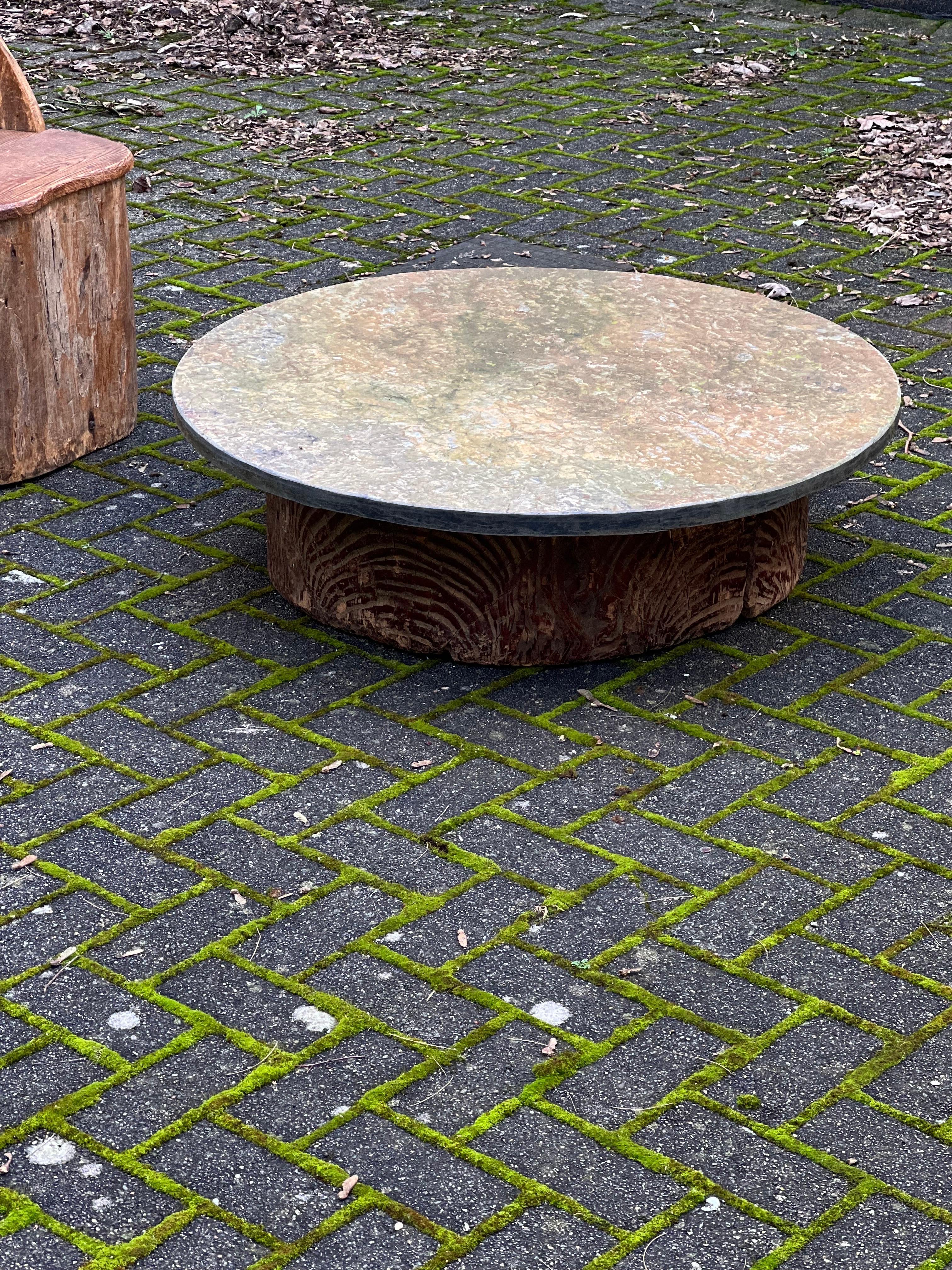 Majestic Schist Fossil Stone Coffee Table, antique Japanese wooden base. Unique. 3