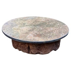 Majestic Schist Fossil Stone Coffee Table, antique Japanese wooden base. Unique.