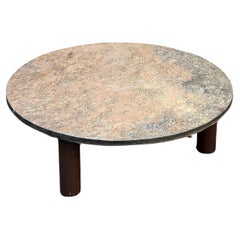 Used Majestic Schist Fossil Stone Coffee Table, Metal Tripod Base Brutalist Belgian