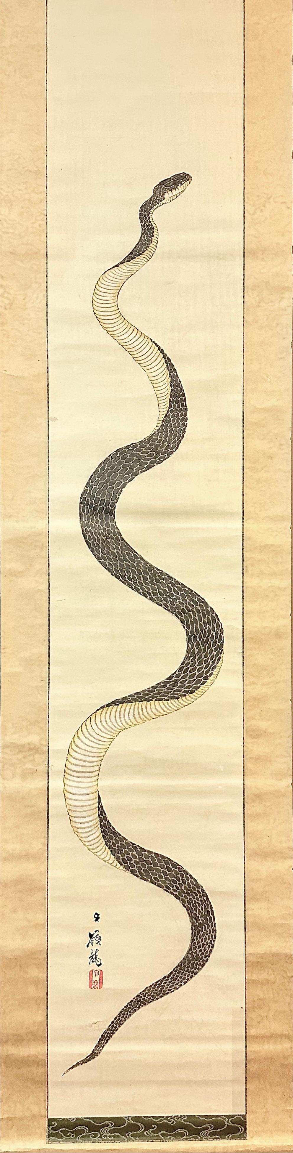 Unveil the elegance and mystery of the snake with this unique and expertly crafted scroll painting. A true masterpiece, it features a snake slithering gracefully amidst a plain backdrop, emphasizing the serenity and poise of its movements. The