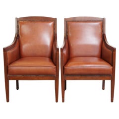 Majestic set of 2 cognac-colored cow leather Art Deco design armchairs