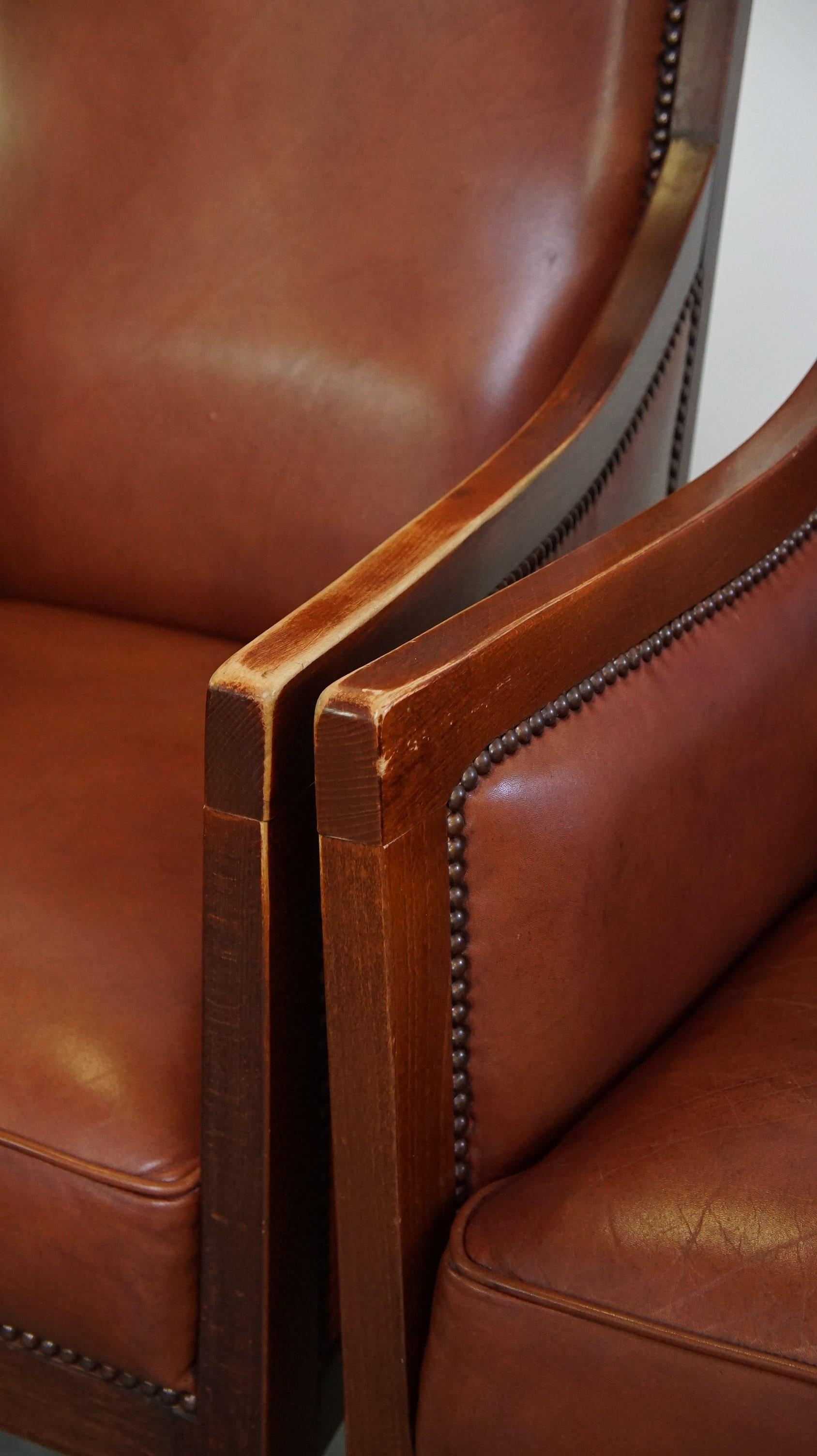 Majestic, set di 4 poltrone in pelle di mucca color cognac dal design Art Deco in vendita 9