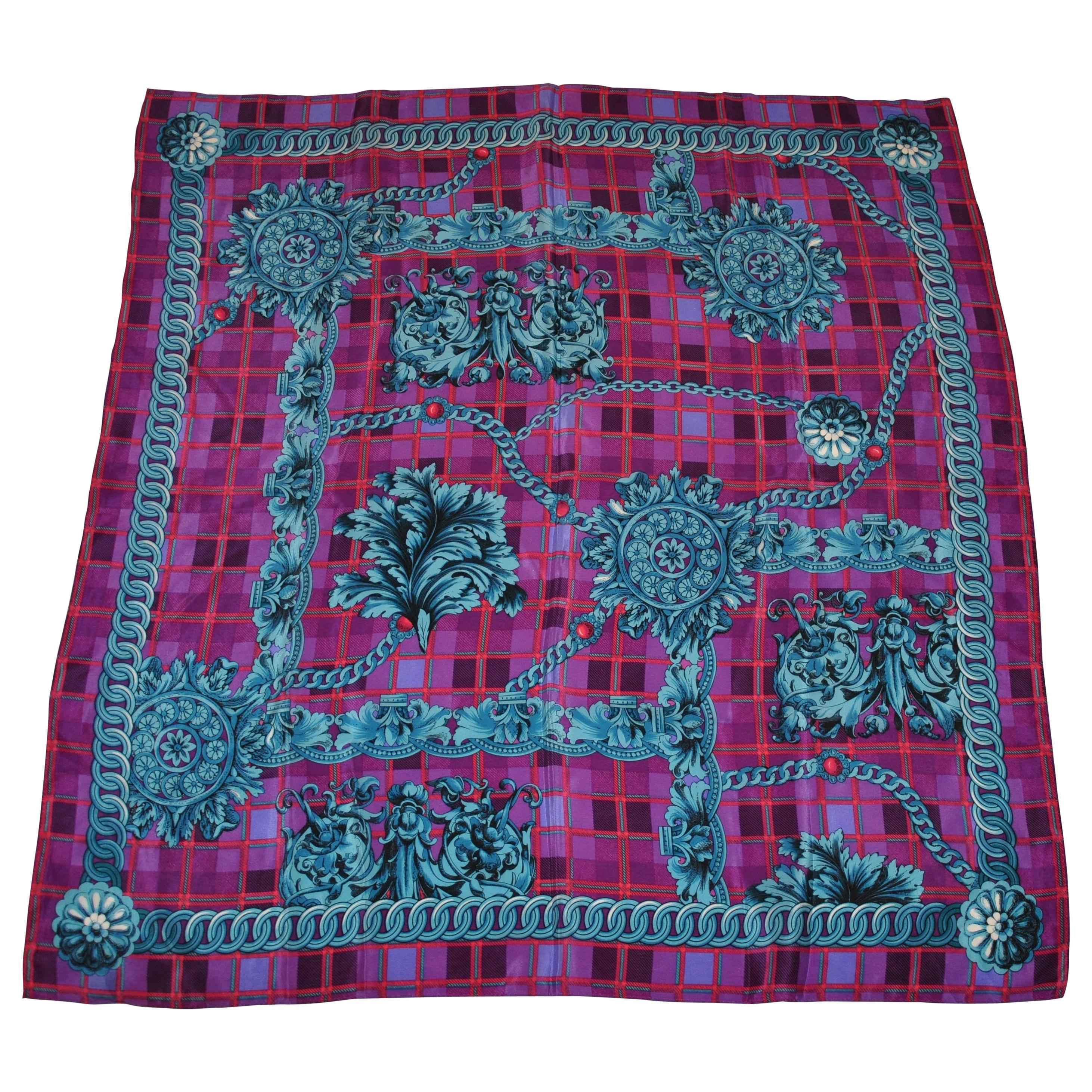 Majestic Shades of "Violet & Turquoise" Silk Scarf For Sale