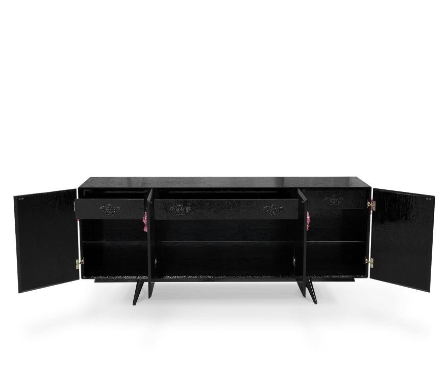 Majestic Sideboard in Black Lacquered with Floral Detail For Sale 3