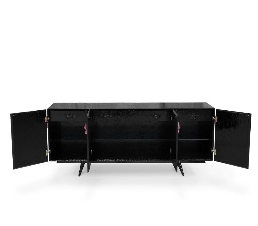 Majestic Sideboard in Black Lacquered with Floral Detail For Sale 4