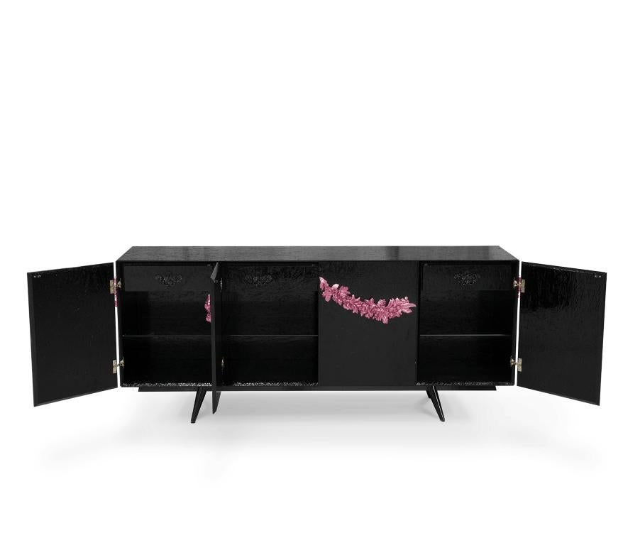 Majestic Sideboard in Black Lacquered with Floral Detail For Sale 5