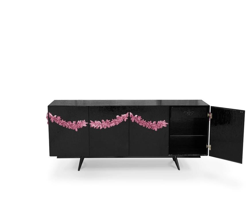 Majestic Sideboard in Black Lacquered with Floral Detail For Sale 6