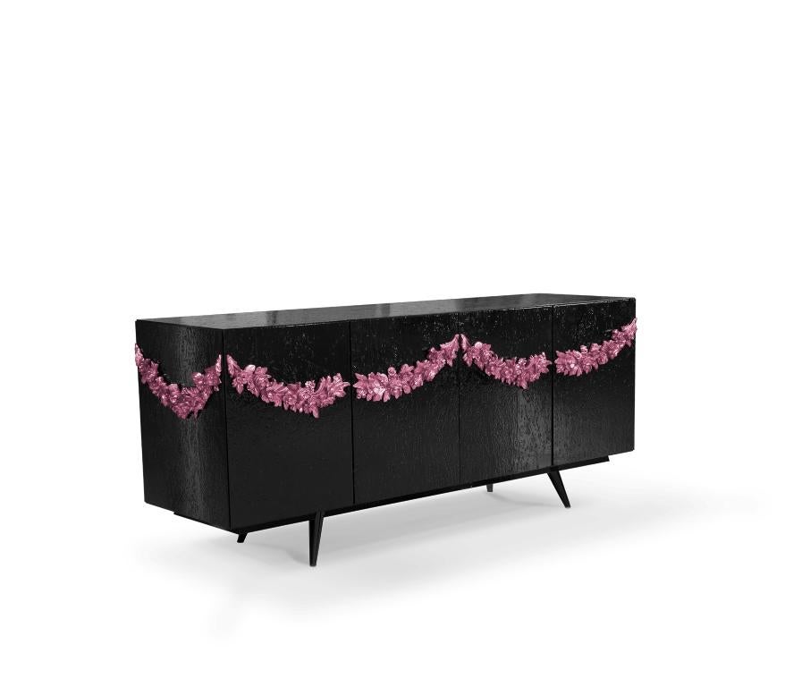 Majestic Sideboard in Black Lacquered with Floral Detail For Sale 7