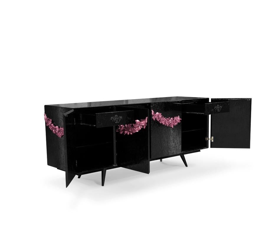 Majestic Sideboard in Black Lacquered with Floral Detail For Sale 8