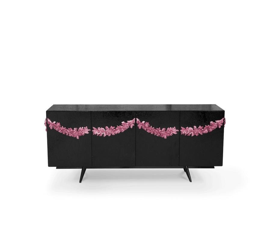 Modern Majestic Sideboard in Black Lacquered with Floral Detail For Sale