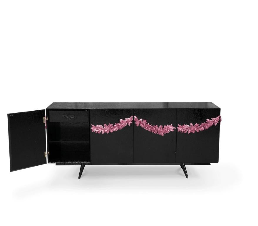 Portuguese Majestic Sideboard in Black Lacquered with Floral Detail For Sale