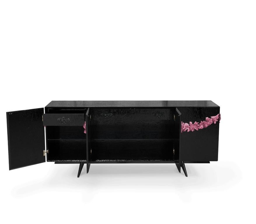 Wood Majestic Sideboard in Black Lacquered with Floral Detail For Sale