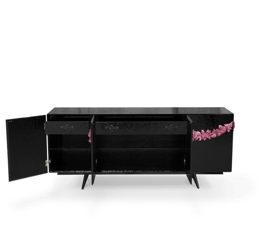 Majestic Sideboard in Black Lacquered with Floral Detail For Sale 1