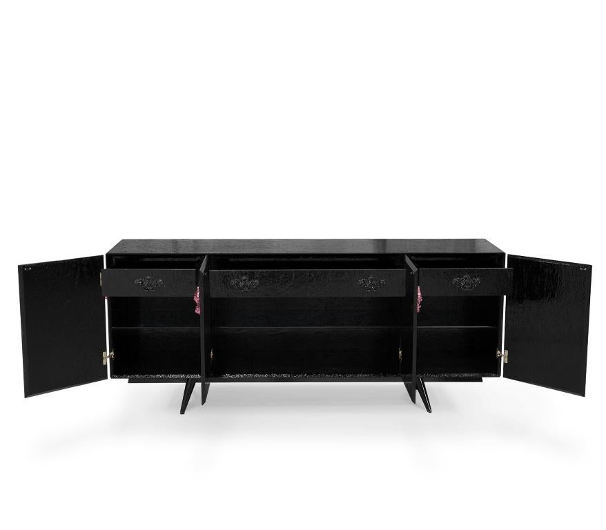 Majestic Sideboard in Black Lacquered with Floral Detail For Sale 2
