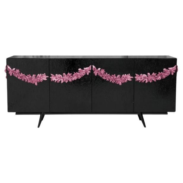 Majestic Sideboard in Black Lacquered with Floral Detail For Sale