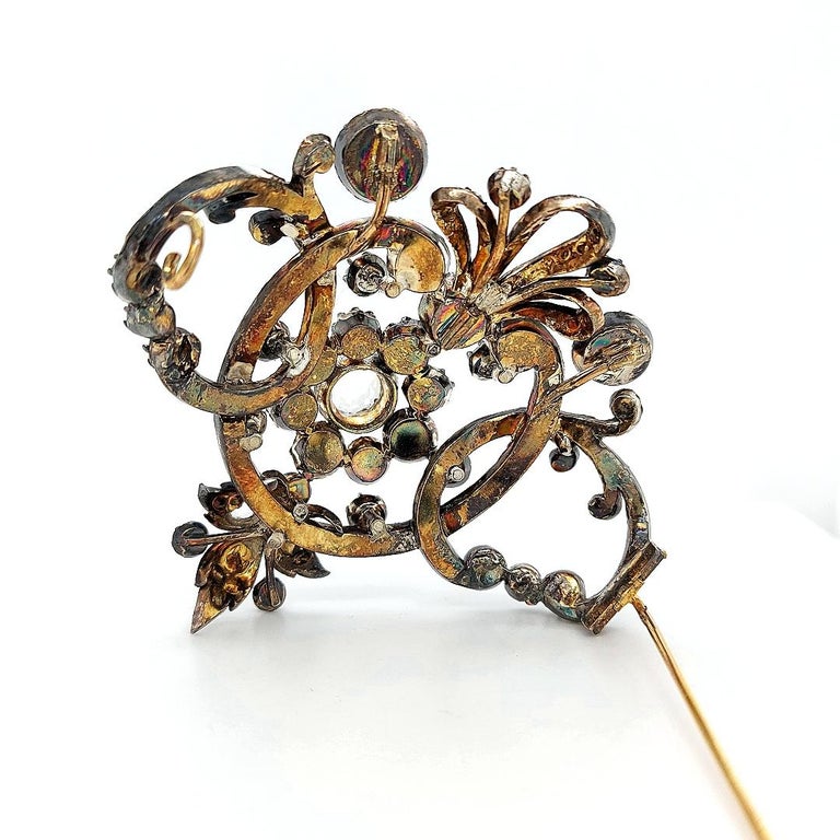 Women's or Men's Majestic Silver on Gold Antique Brooch with 11.6ct Rose Cut Diamonds For Sale
