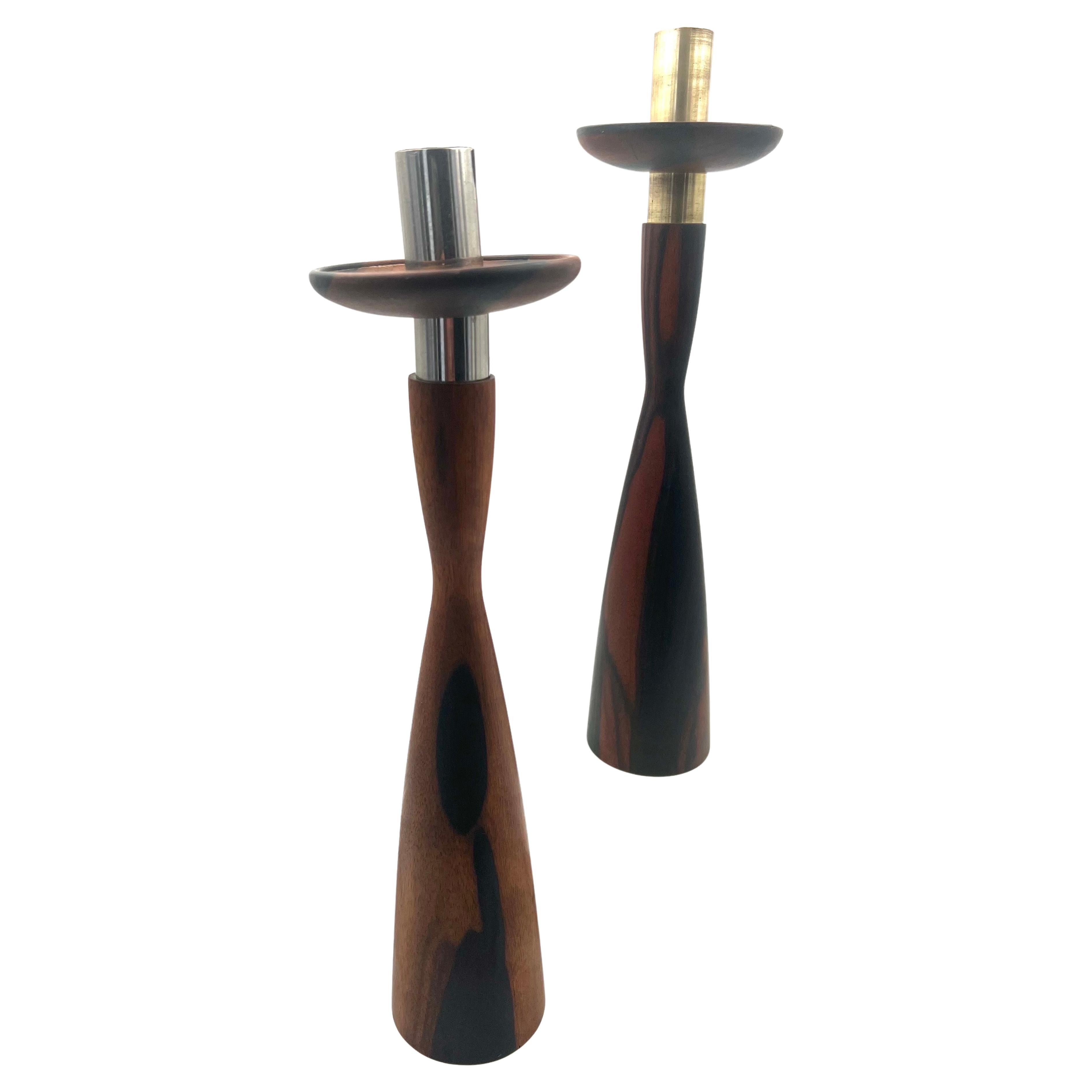 Scandinavian Modern Majestic Solid Rosewood Tall Candle Holders Danish Modern For Sale